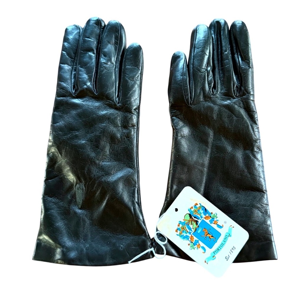 Portolano Black Leather Cashmere Lined Gloves Womens Size 6.5 NWT Pinhole Flaw